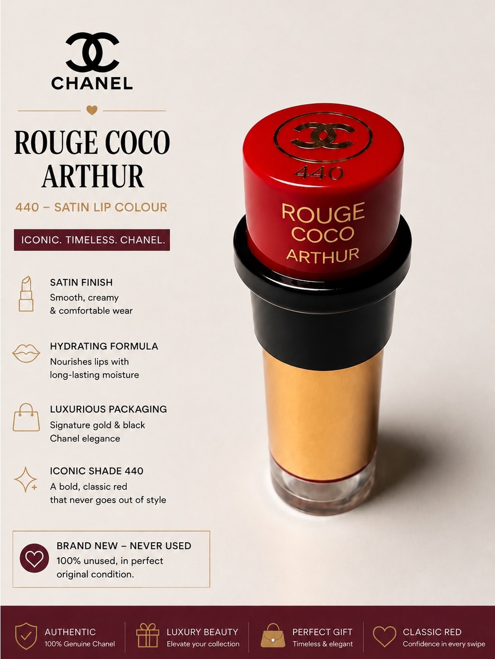 CHANEL Rouge Coco Arthur Satin Lip Colour 440 Lipstick | Never Used